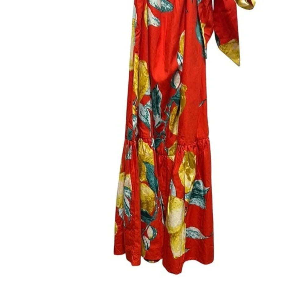Flying Tomato Red Lemon Print Off Shoulder‎ Cotton Midi Dress